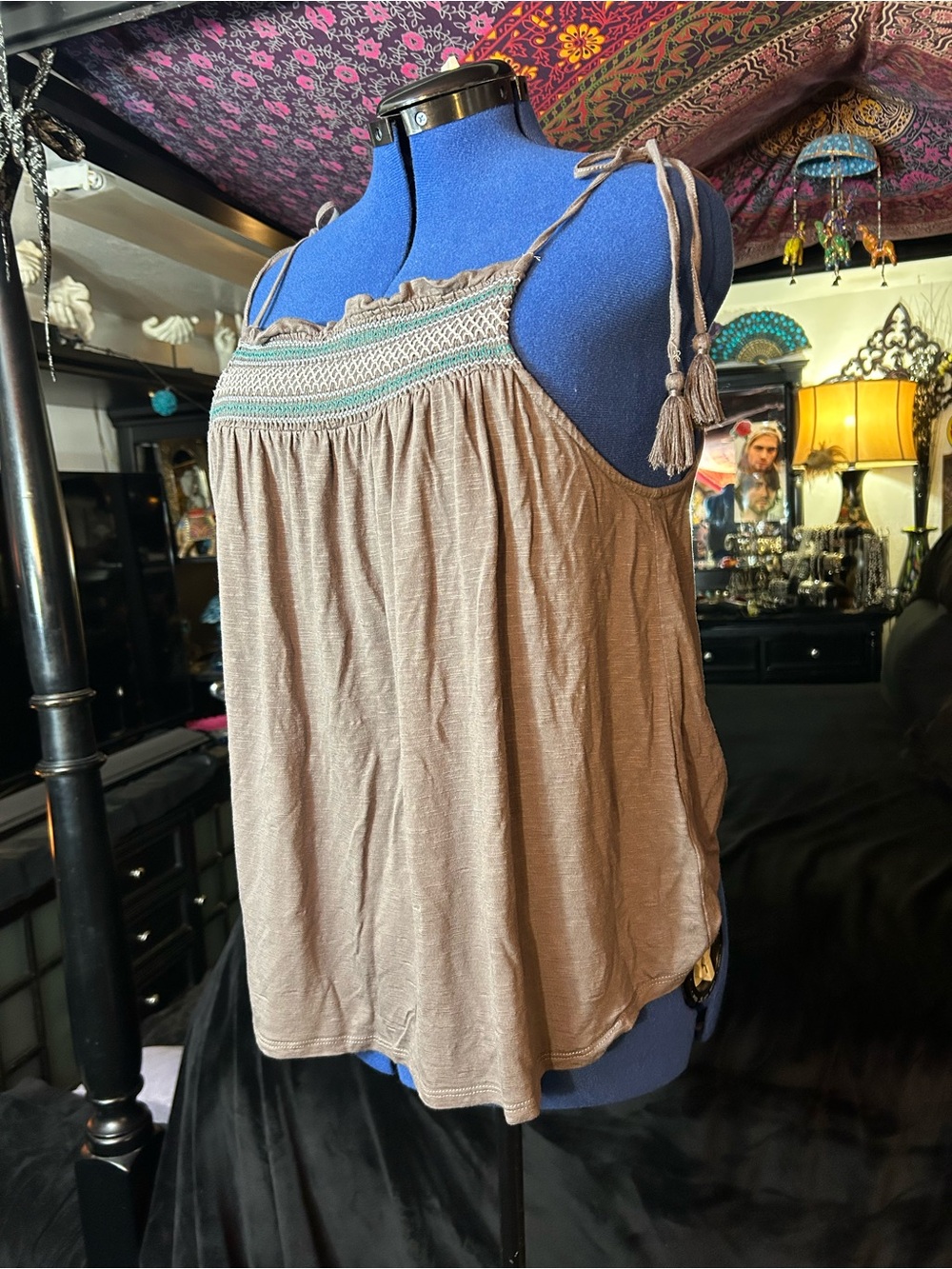 Maurice’s Boho Tie-Strap Women's Tank Top in Taupe with Embroidered Yoke💕